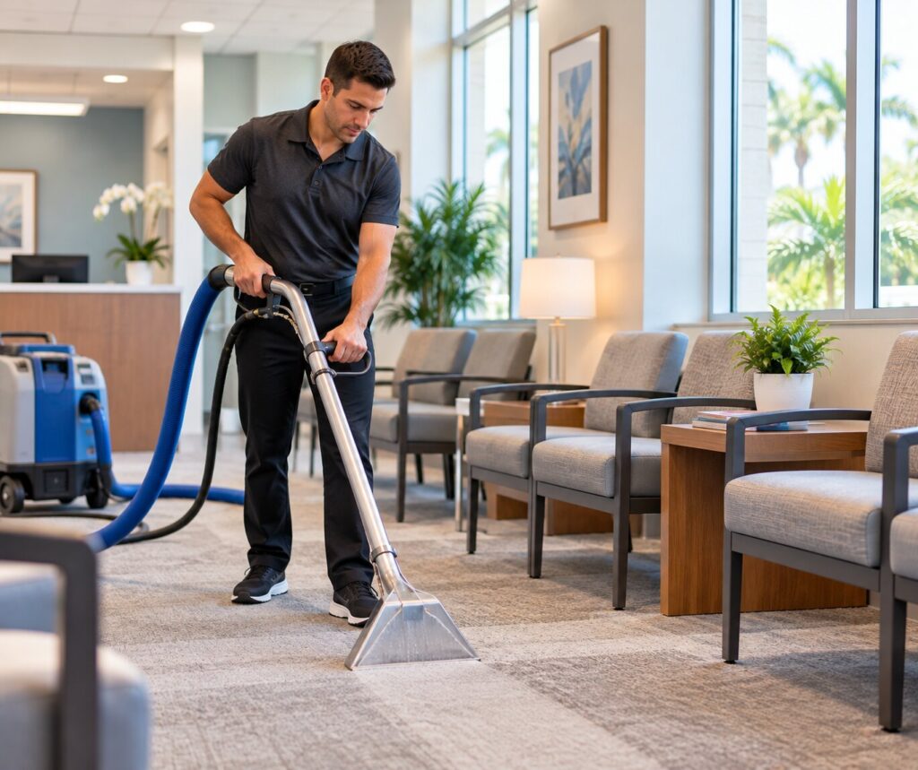 Commercial-carpet-cleaning-technician-using-extraction-equipment-in-a-medical-office-waiting-room