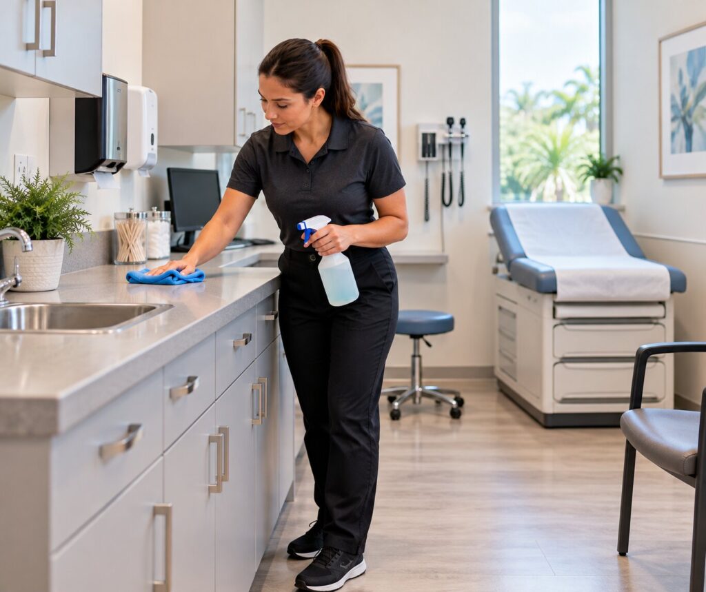 Commercial-cleaner-wiping-a-countertop-in-an-unoccupied-medical-consultation-room