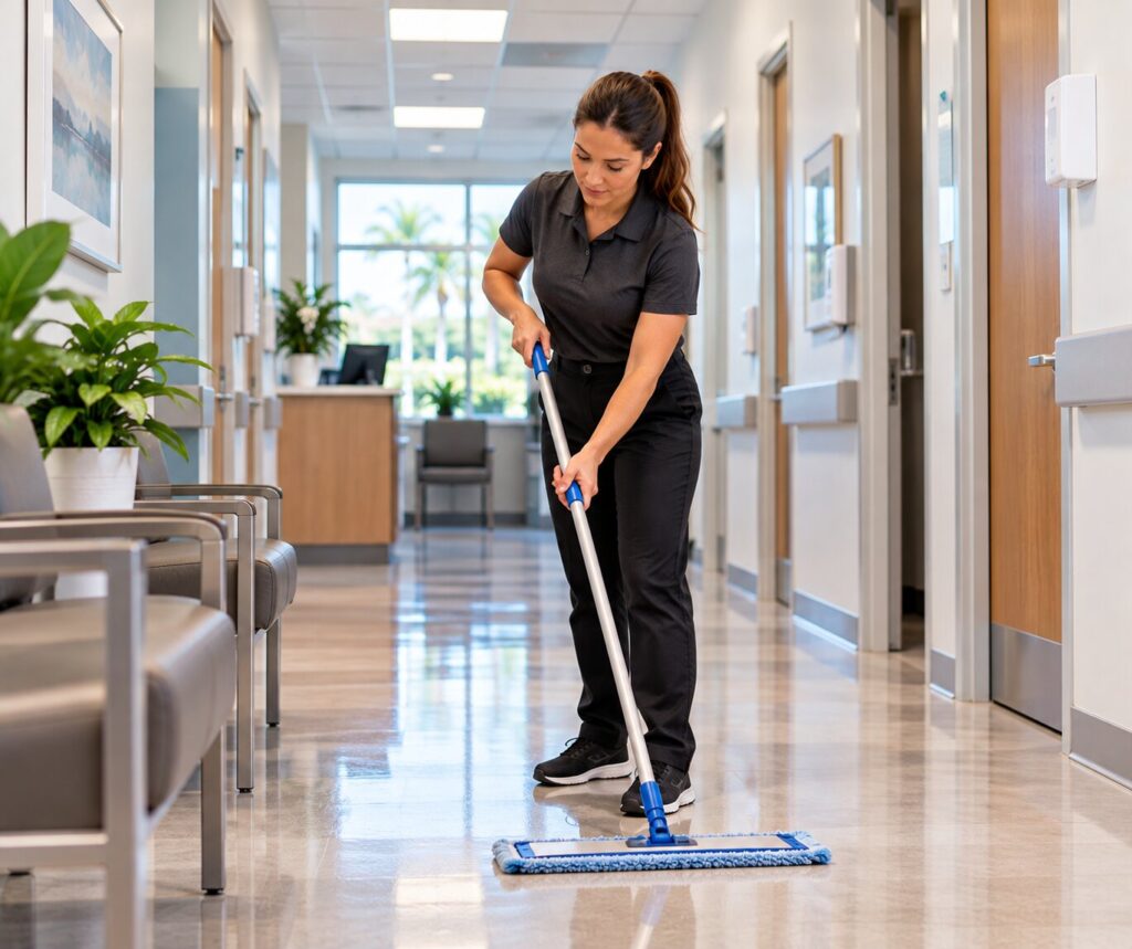 Professional-floor-cleaning-in-a-St.-Petersburg-medical-office-hallway-using-a-microfiber-mop