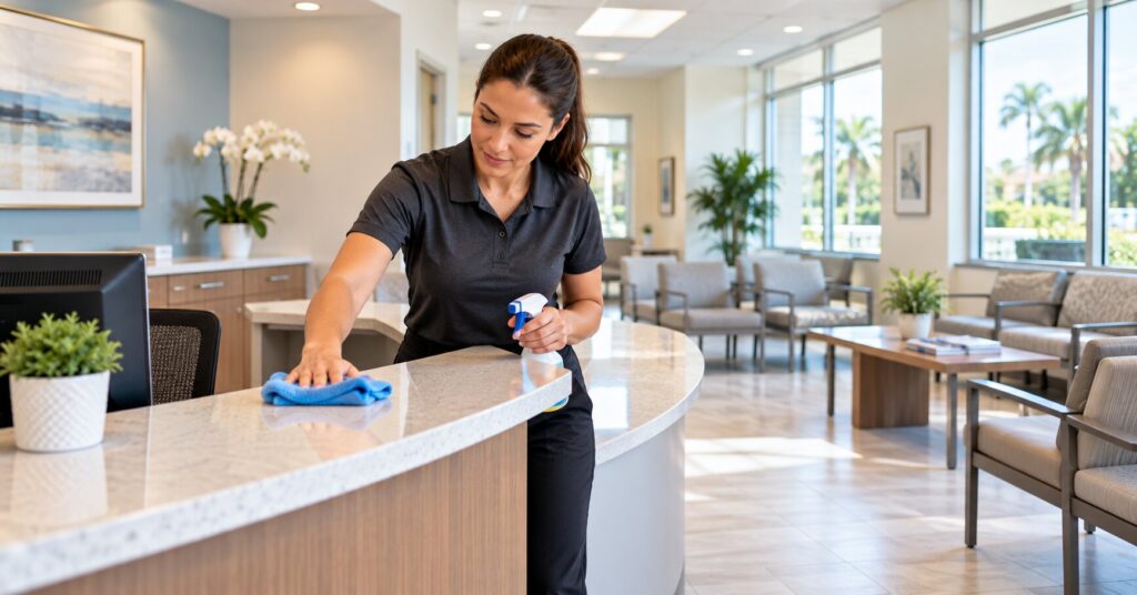 Professional-medical-office-cleaning-in-St.-Petersburg-FL-with-a-cleaner-maintaining-a-healthcare-reception-area